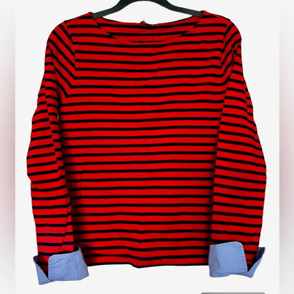 J Crew Striped Tee with Chambray Cuffs